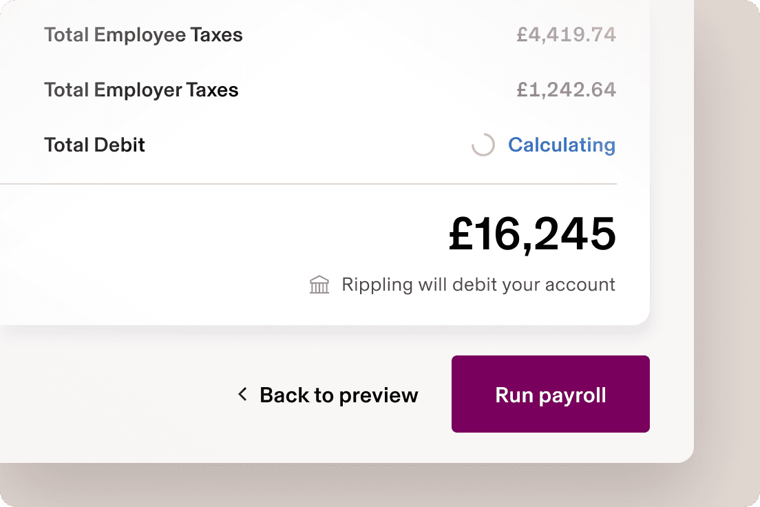 Example of a screen in Rippling showing an employee’s pay details with a button that says “Run payroll”