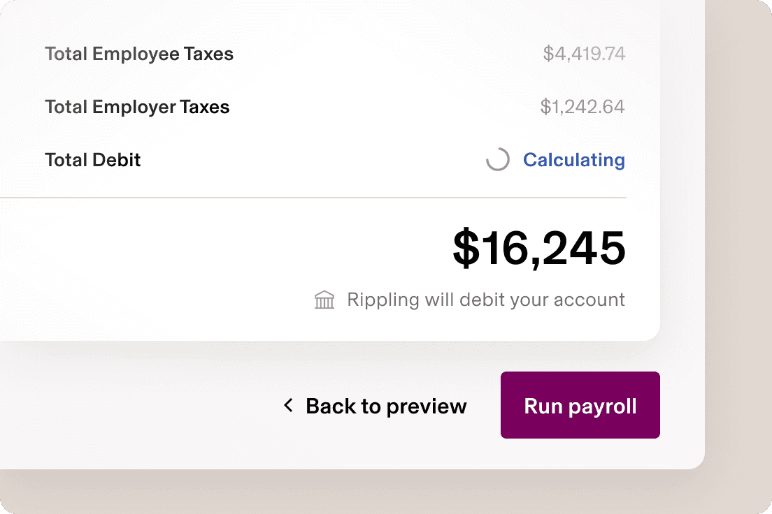 Example of a screen in Rippling showing an employee's pay details with a button that says “Run payroll”