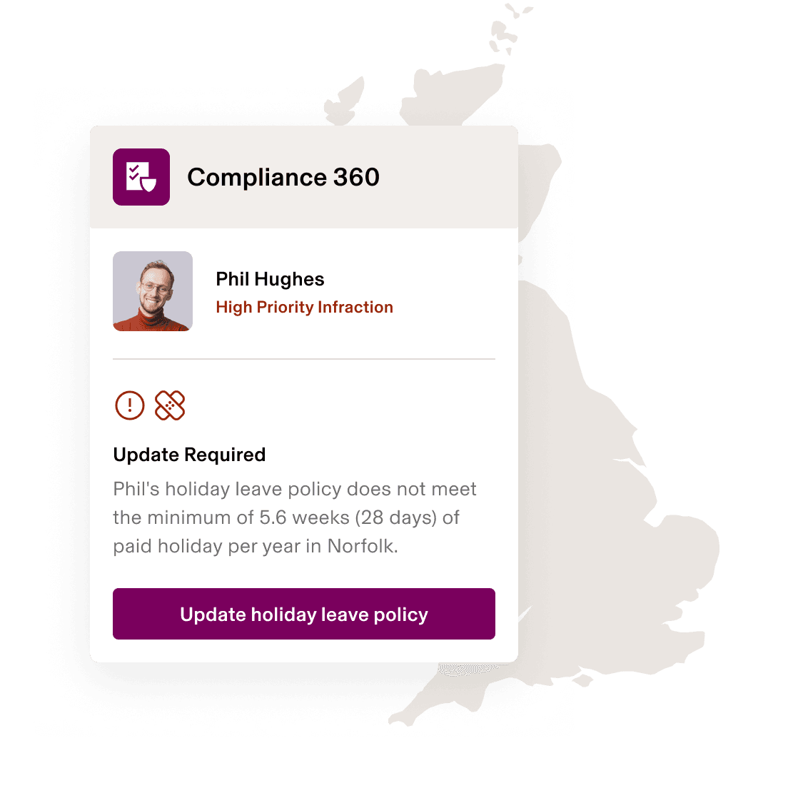 Screenshot of a sick leave policy alert in Rippling's Compliance 360 product