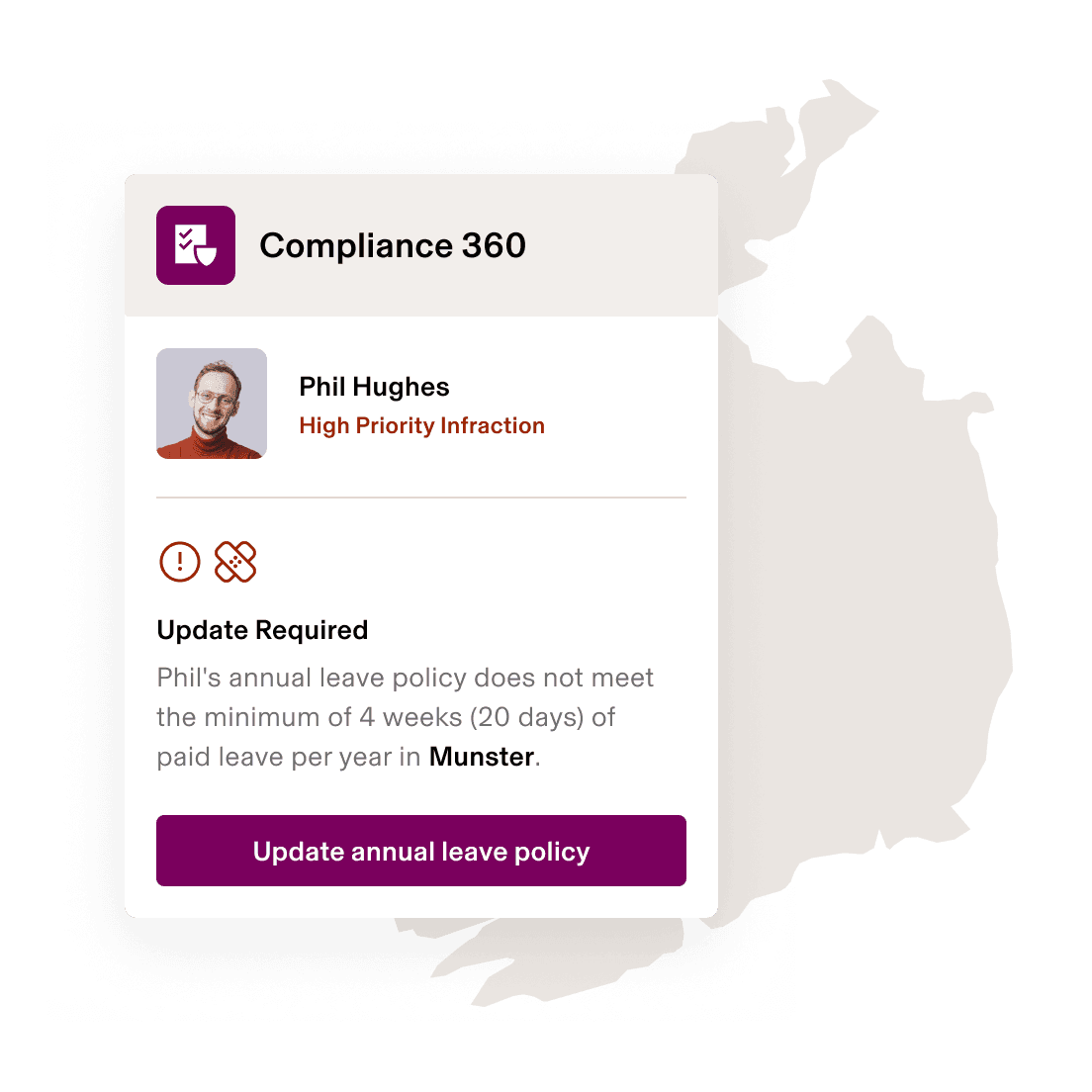 Screenshot of a sick leave policy alert in Rippling's Compliance 360 product