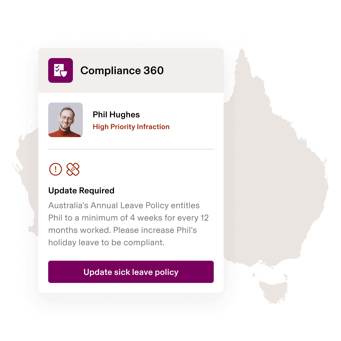 Screenshot of a sick leave policy alert in Rippling's Compliance 360 product