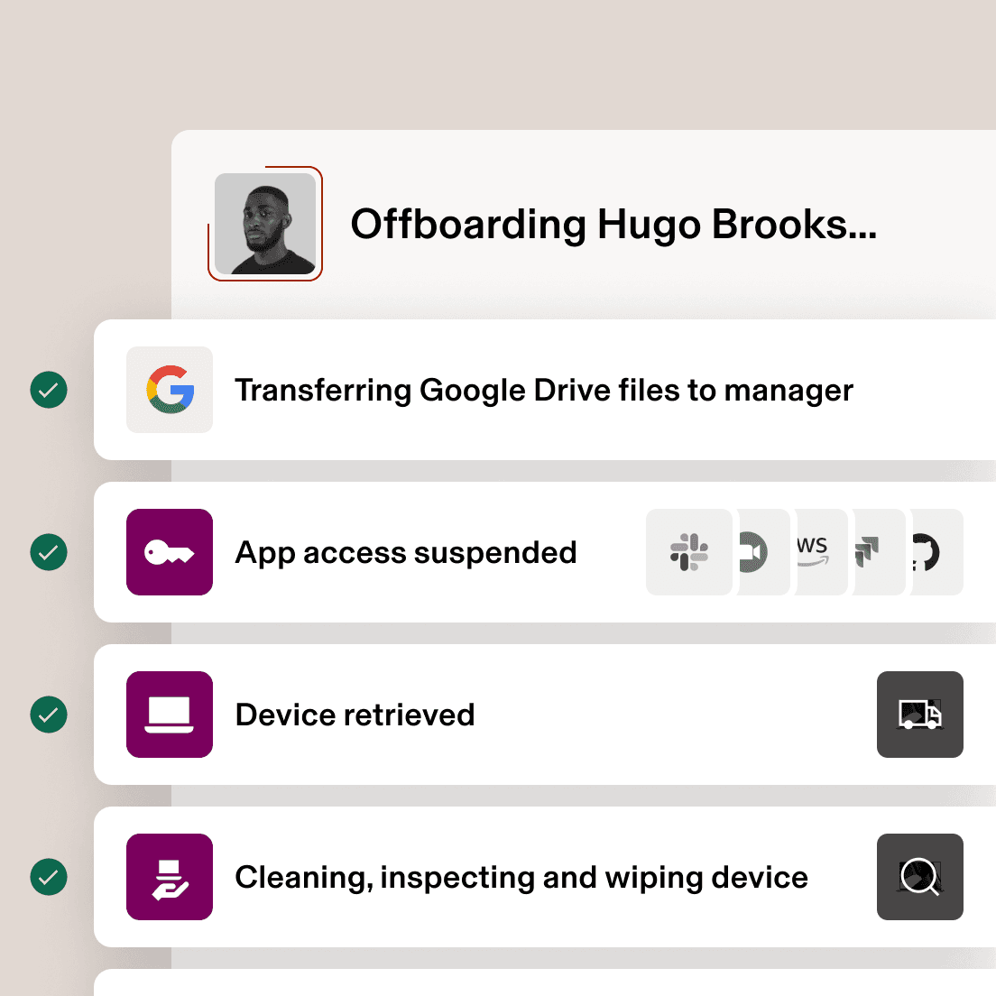 Interface de checklist d’offboarding montrant les tâches terminées, notamment le transfert Google Drive, la suspension des applications, la récupération de l’appareil et son nettoyage.
