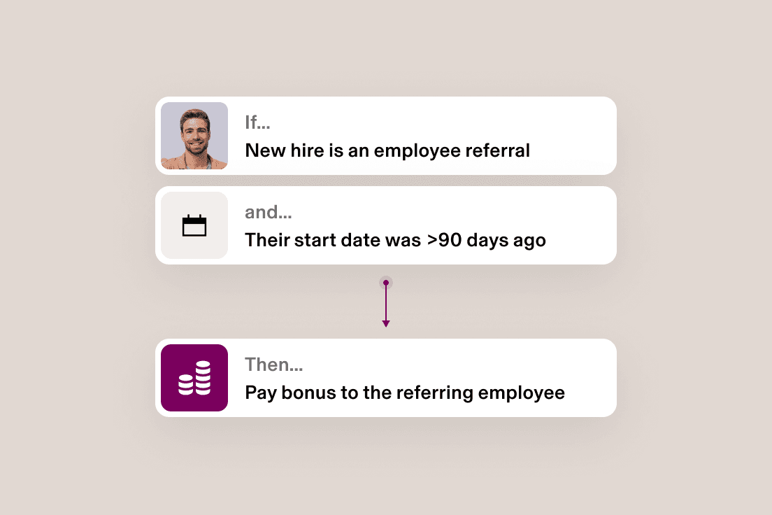 Flowchart showing employee referral bonus process: if new hire is a referral and stays 90+ days, then pay bonus to referring employee.