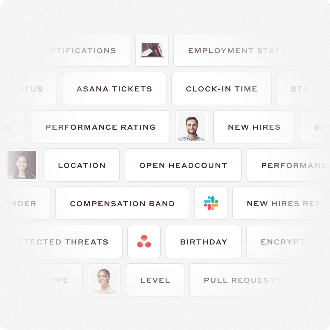 An image with a collage of HR-related terms including New Hires, Location, Open Headcount, and Compensation Band