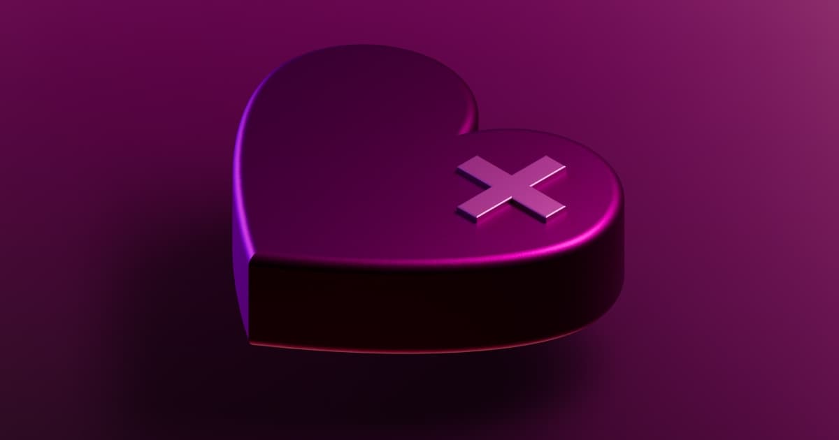 Paars hart in 3D met aan de bovenkant een X-teken, tegen een donkerpaarse achtergrond.