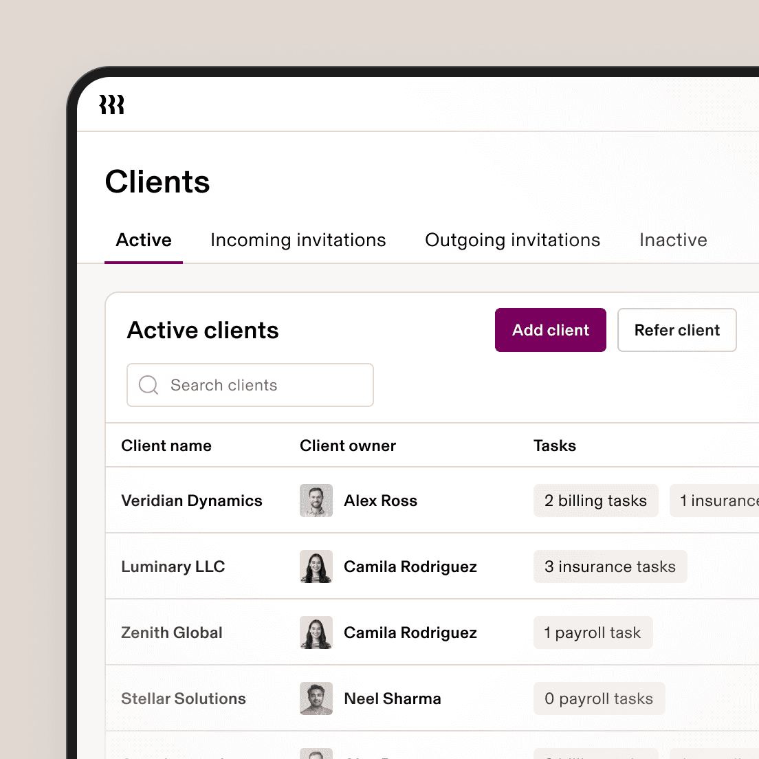 Client management dashboard showing active clients list with company names, assigned owners, and pending tasks.
