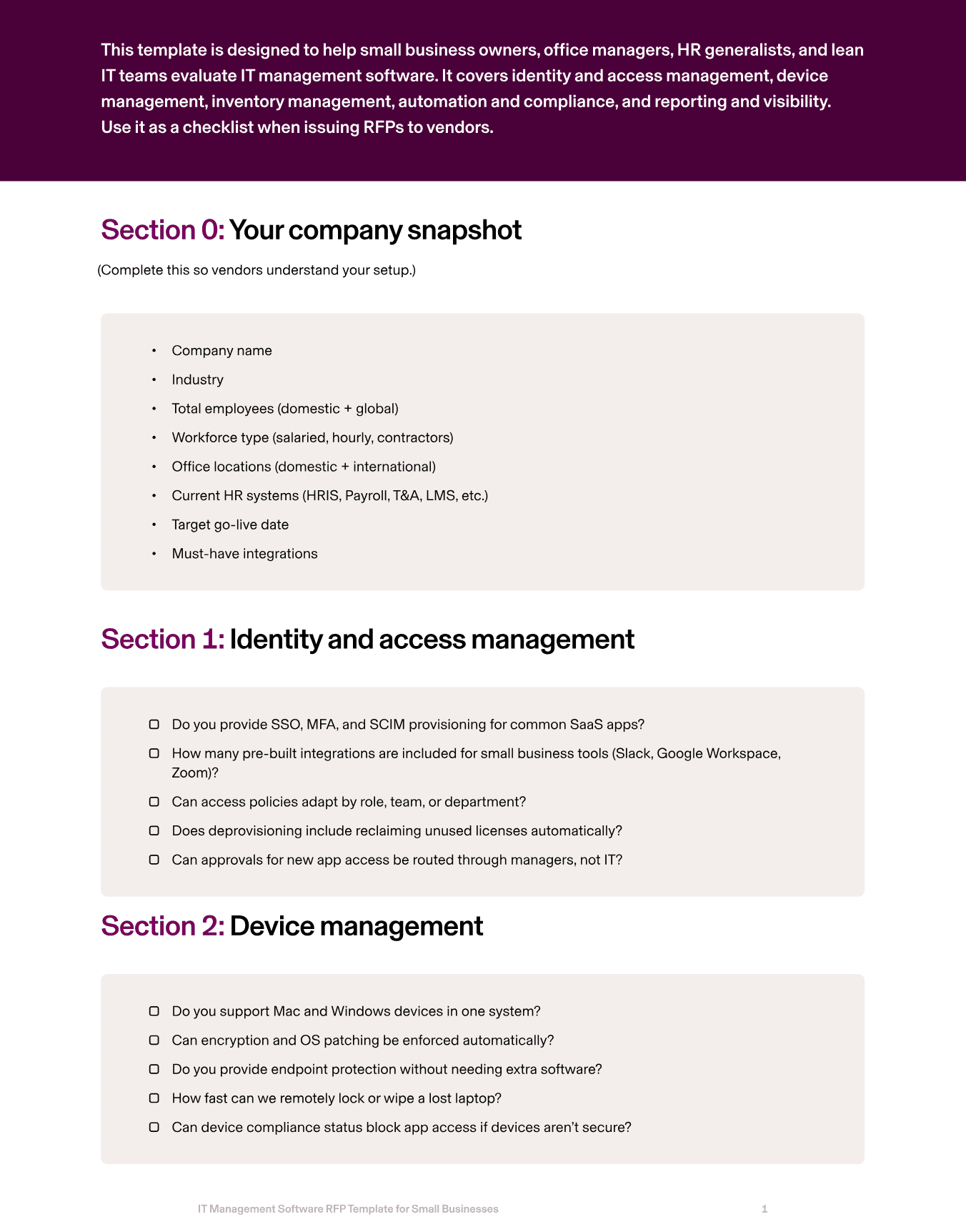Preview of Rippling's IT Management Software RFP Template for Small Businesses.
