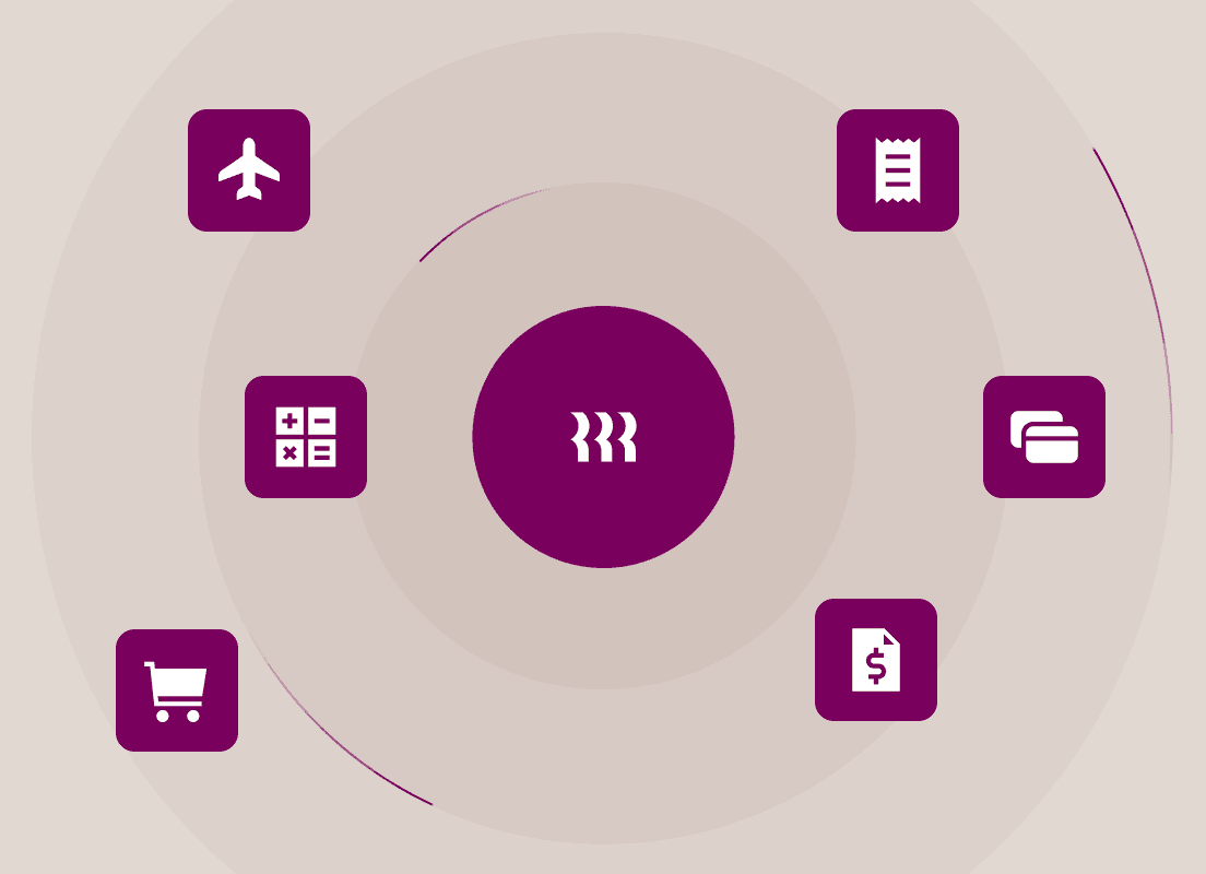 Interface circulaire violette avec des icônes relatifs aux déplacements, notamment un avion, un panier d’achats, un calculateur et un portefeuille sur un fond beige.