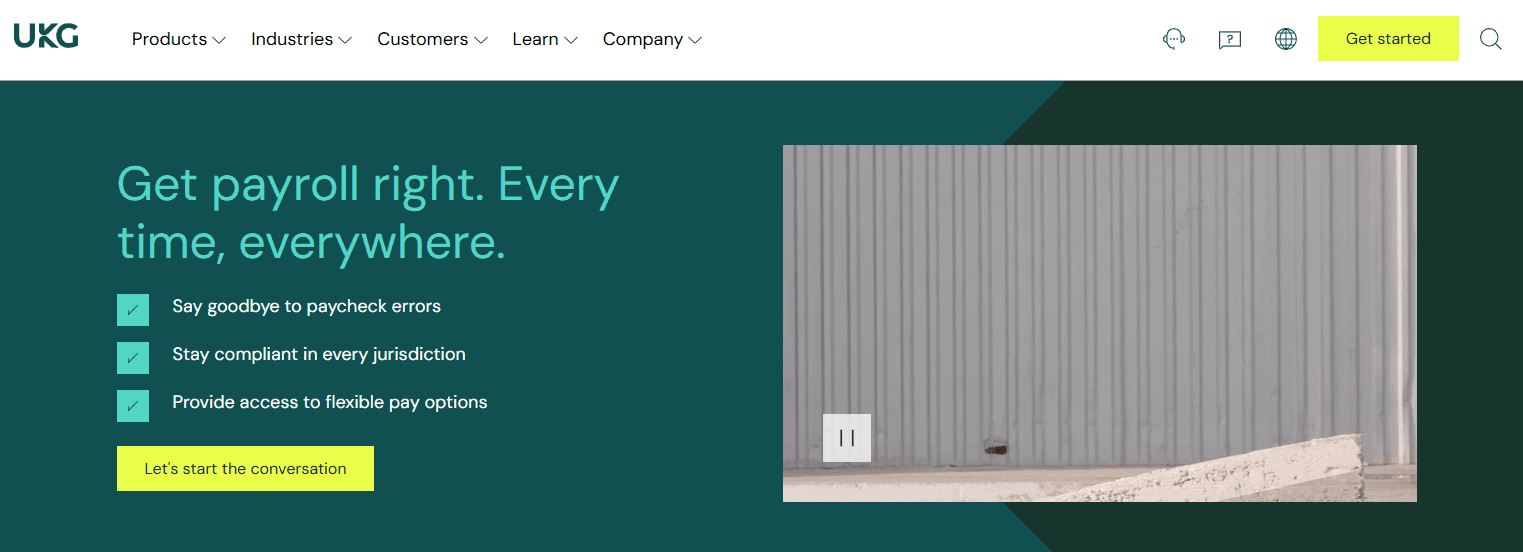 UKG website homepage featuring payroll services with teal background and navigation menu, highlighting key payroll benefits.