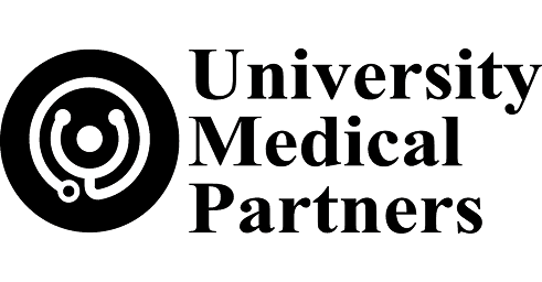 University Medical Partners logo with a black circle icon featuring a stethoscope design and bold black text.