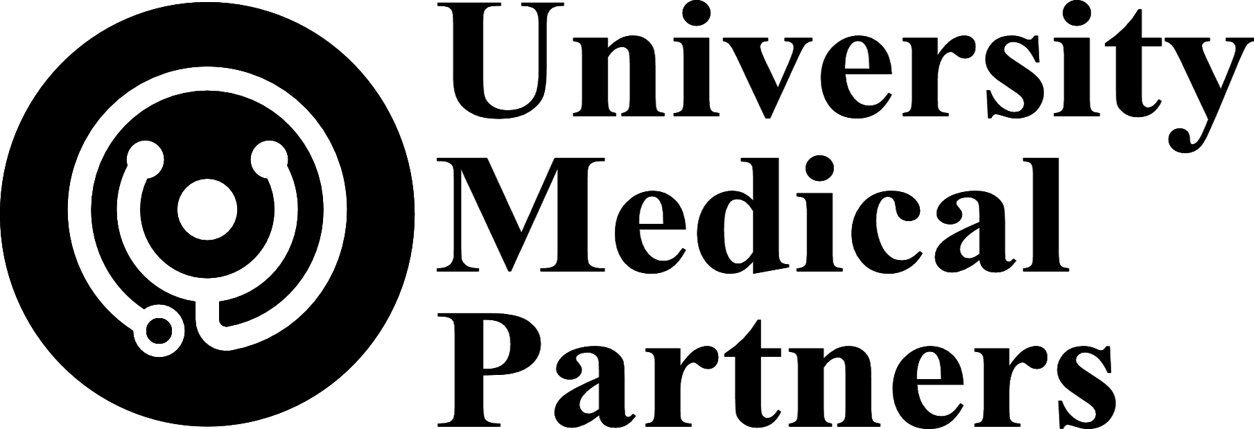 University Medical Partners logo with a black circle icon featuring a stethoscope design and bold black text.