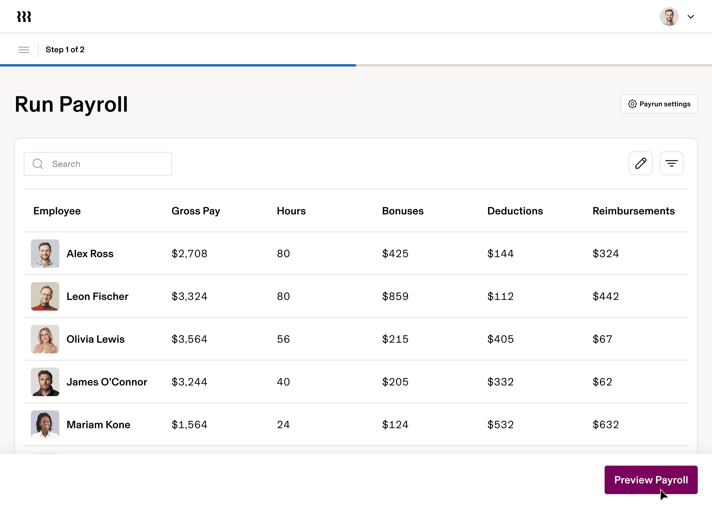 Screenshot of a page in Rippling titled "Run Payroll" with a list of 5 employees, their gross pay, hours, bonuses, deductions, and reimbursements, and a button that says "Preview Payroll"