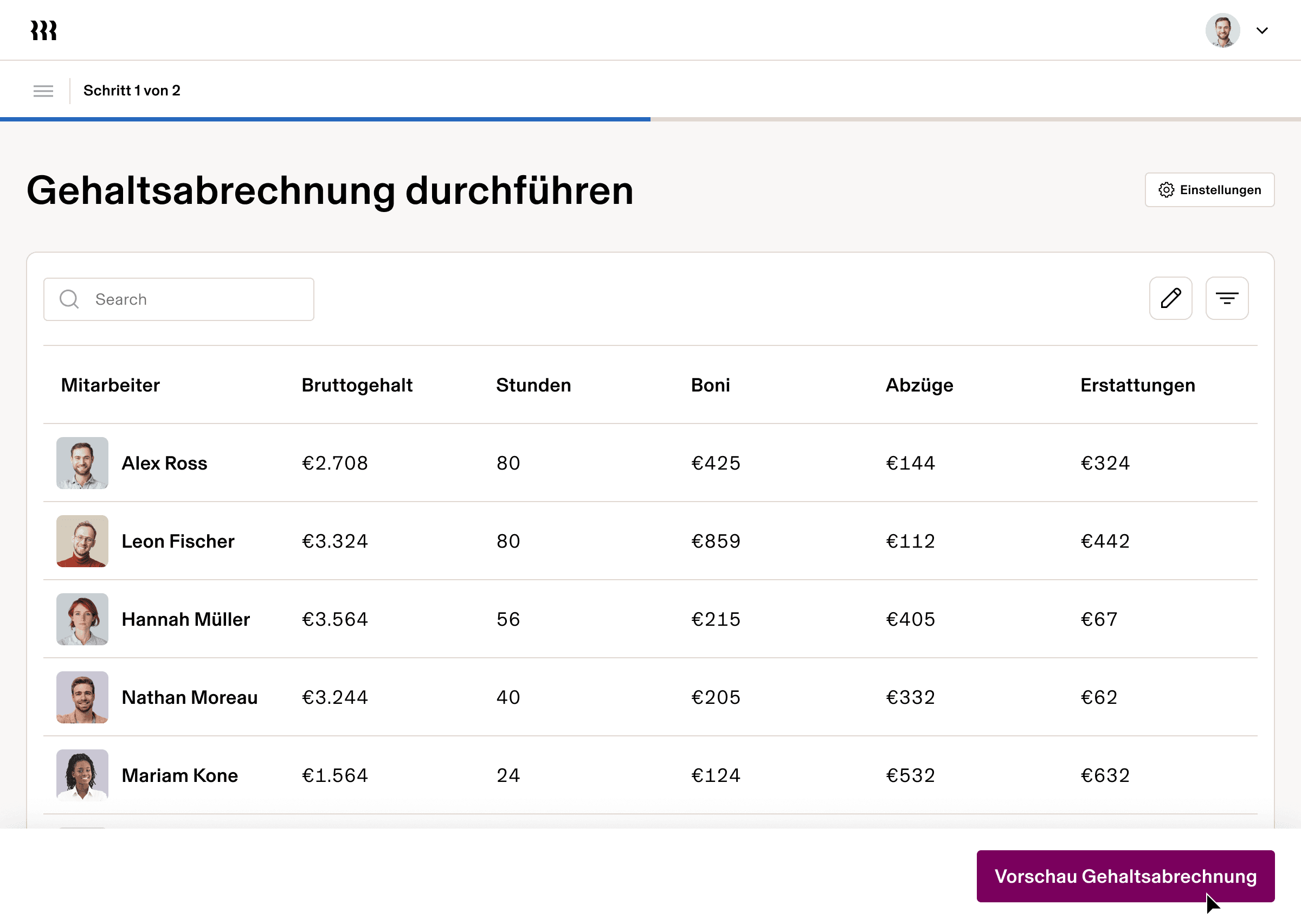 Screenshot of a page in Rippling titled "Run Payroll" with a list of 5 employees, their gross pay, hours, bonuses, deductions, and reimbursements, and a button that says "Preview Payroll"