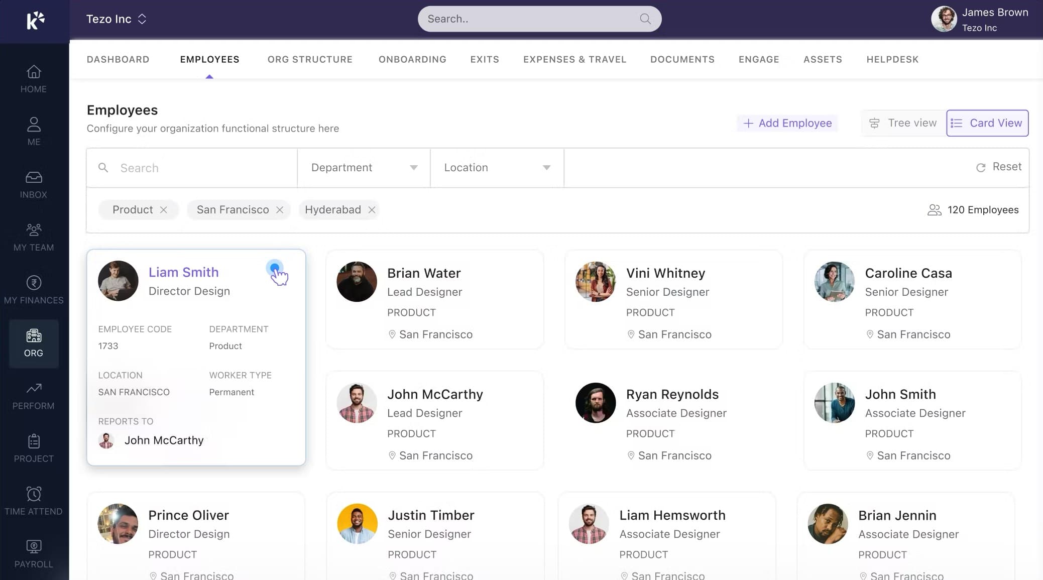 Tezo Inc HR dashboard showing employee directory with filtered product team members from San Francisco and Hyderabad offices.