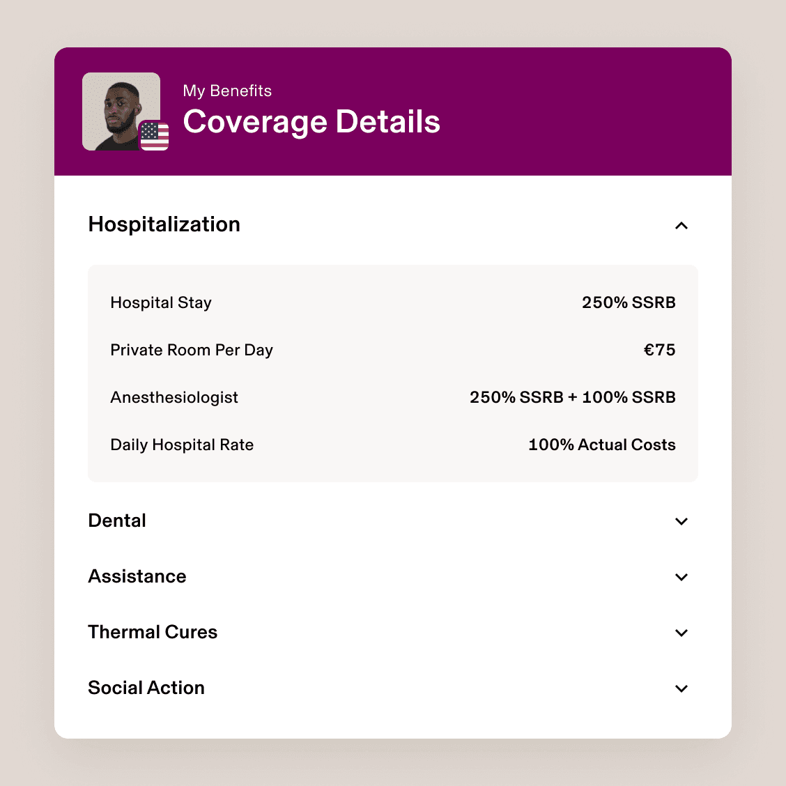 Screen in Rippling titled My Benefits: Coverage Details listing an employee's rates for hospitalization, dental insurance, assistance, thermal cures, and social action