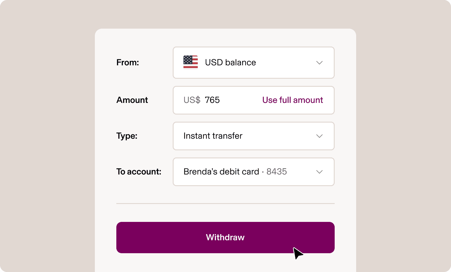 Preview of instant transfer feature for contractors within the Rippling Platform.