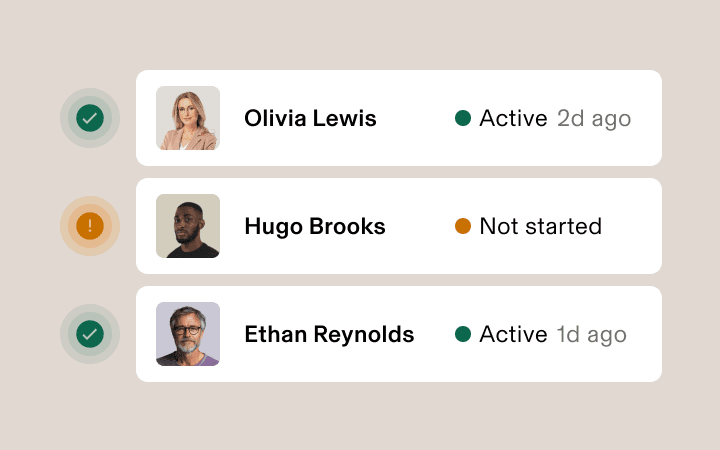 Image depicting a status dashboard listing three team members with activity indicators showing two active users and one not started
