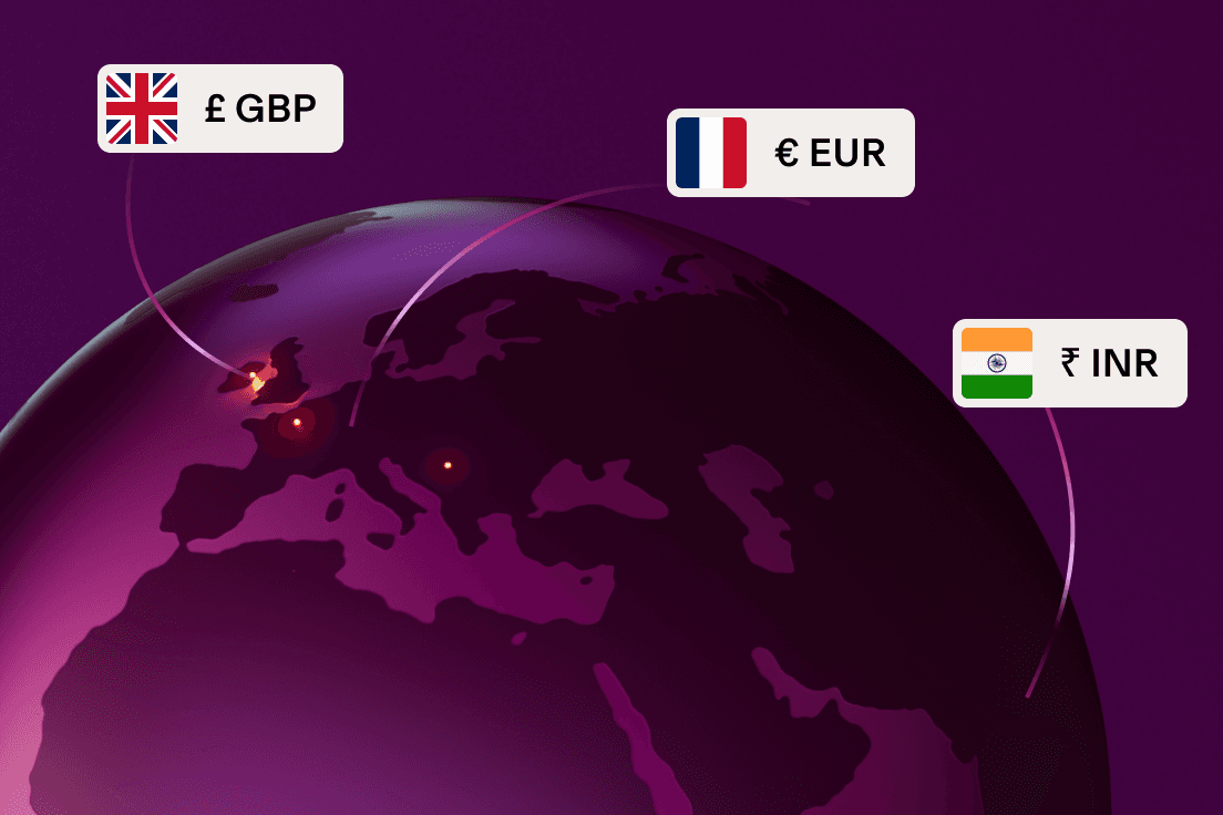 Purple globe showing Europe with currency icons for British Pound, Euro and Indian Rupee connected to their regions.