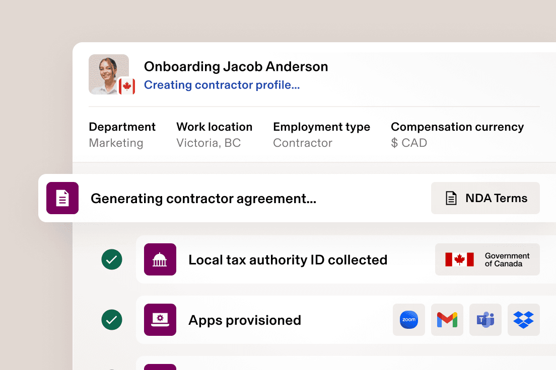 Screenshot of an onboarding screen in Rippling with text that says, "Creating contractor profile"