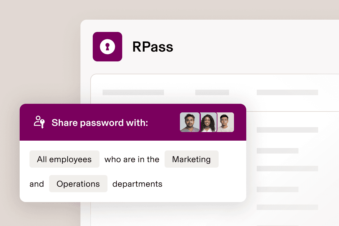 Interface de partage de mot de passe RPass montrant des options de partage avec tous les collaborateurs des services Marketing et Opérations.