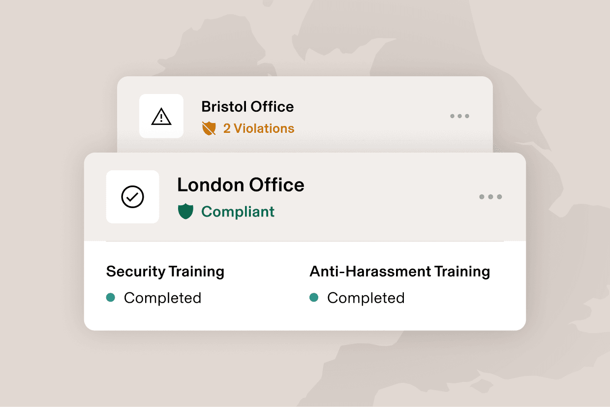 Graphic illustration of a card that says Orlando, FL with “2 violations” and a card that says Los Angeles, CA and “Compliant”, for training completed – all overlaid on a map of the United States