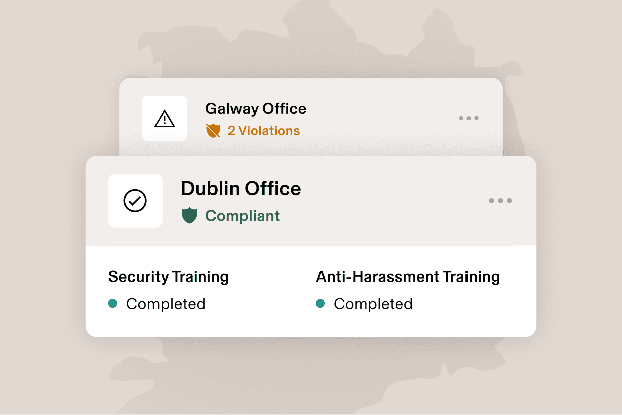 Graphic illustration of a card that says Orlando, FL with "2 violations" and a card that says Los Angeles, CA and "Compliant", for training completed.