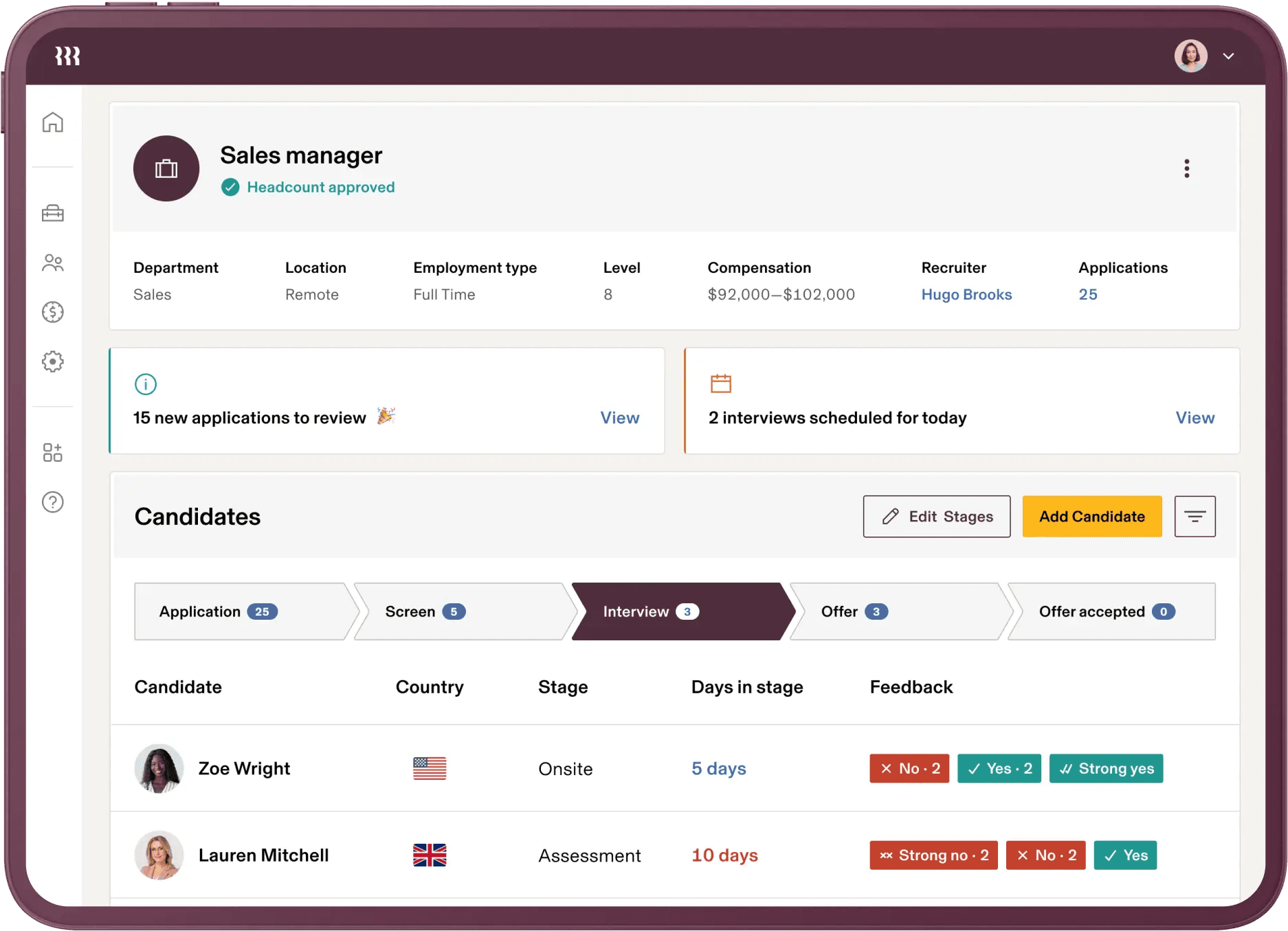 A dashboard interface showing a job listing for a Sales Manager position with details such as department, location, employment type, and compensation. Notifications indicate new applications and scheduled interviews. Below, a candidate section displays application stages, candidate names, countries, current stages, days in stage, and feedback options.