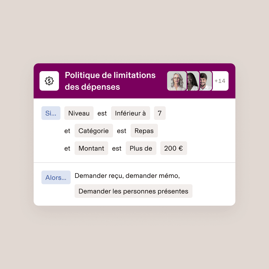 Interface de politique de plafond de dépenses sur laquelle sont affichées les règles du service Marketing avec un niveau supérieur à 6 et plus de 5 subordonnés directs.