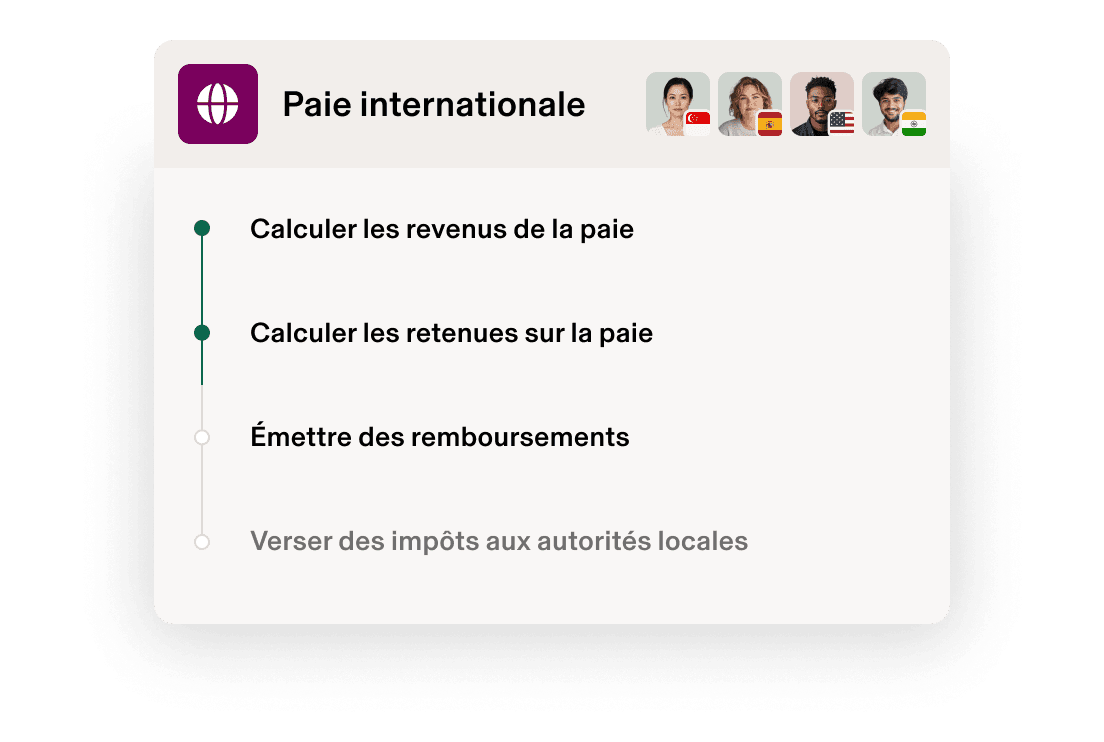 L’interface du service de la paie international présentant quatre employés différents avec les drapeaux de leur pays et un menu d’options de traitement de la paie.