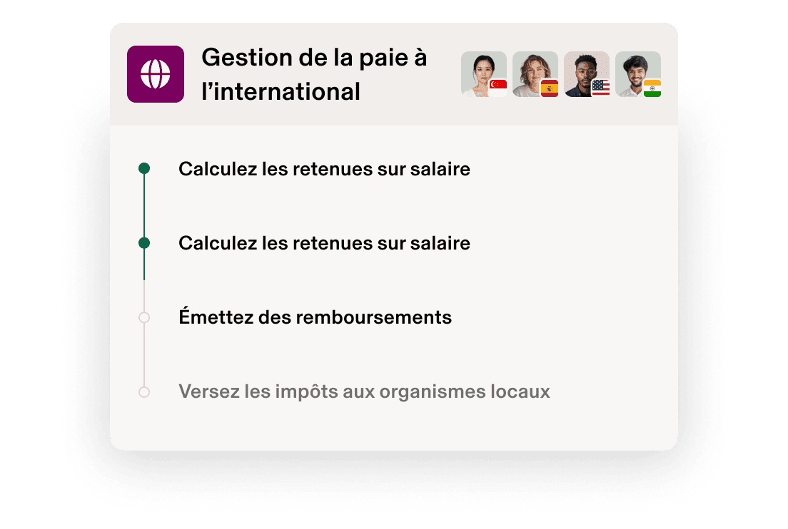 Interface de Gestion de la paie à l’international sur laquelle sont représentés quatre collaborateurs différents avec le drapeau de leurs pays et le menu des options du traitement de la paie.