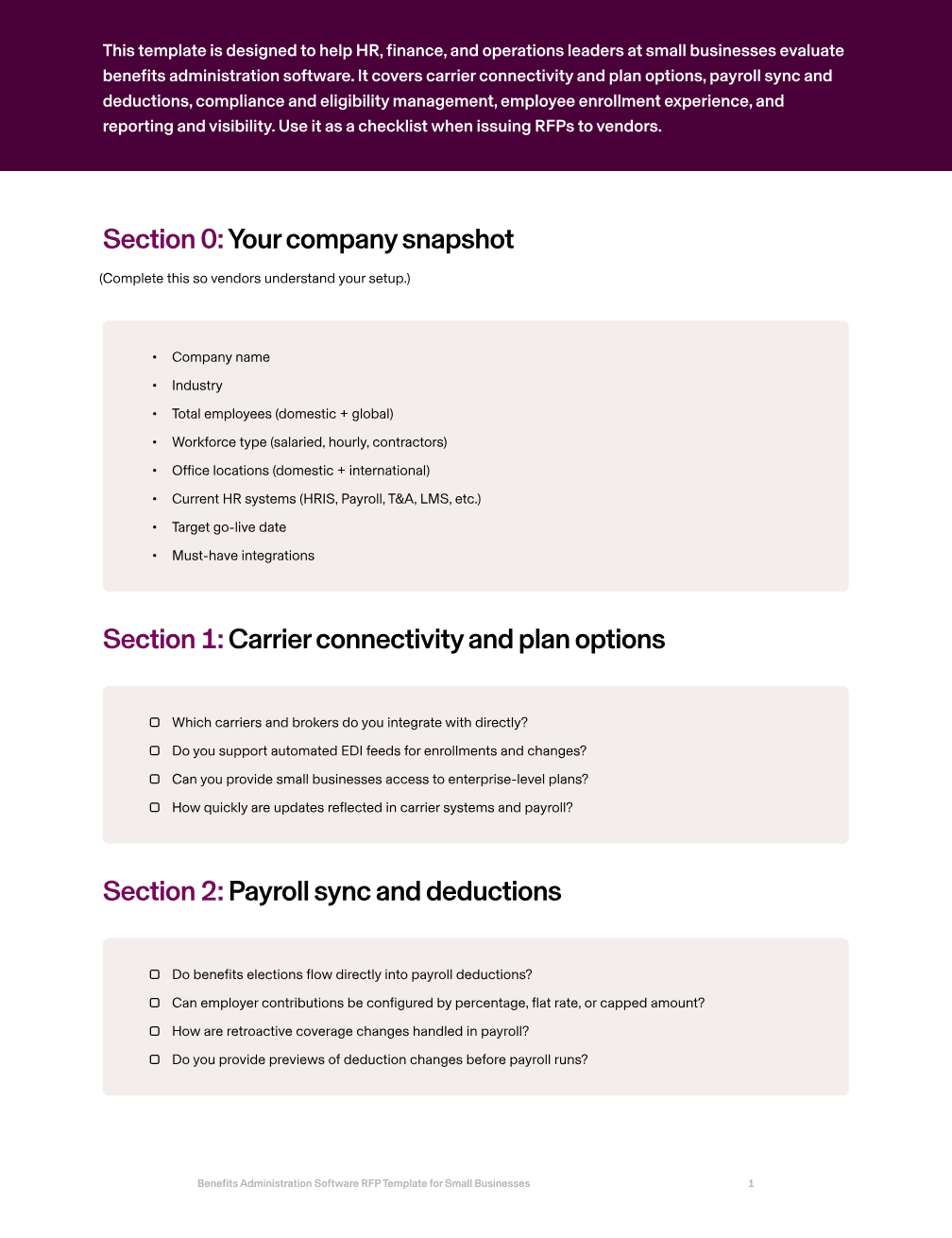 Benefits Administration Management RFP Template for Small Businesses