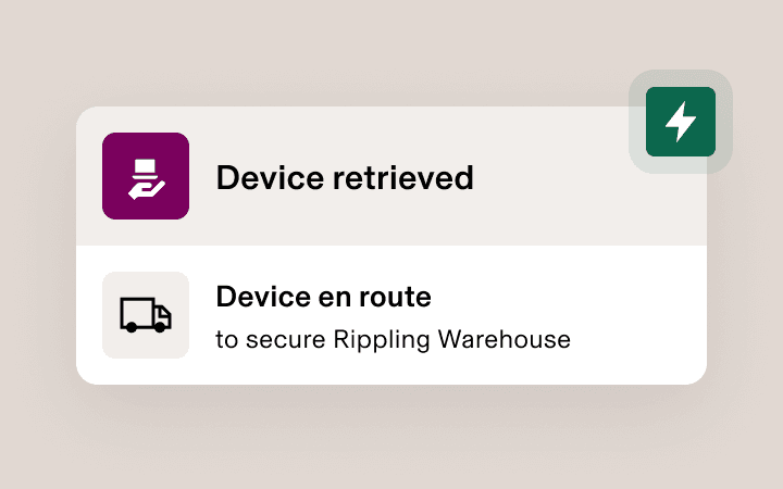 App-Benachrichtigung, die „Gerät erhalten“ und „Gerät auf dem Weg zu sicherem Rippling Warehouse“ lautet, mit Liefersymbol.