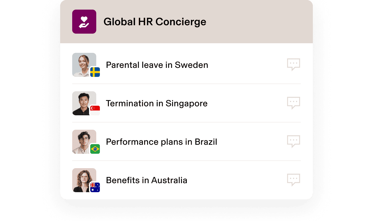 Interface du service de conciergerie RH international affichant des sujets RH propres à chaque pays avec les drapeaux de la Suède, de Singapour, du Brésil et de l’Australie.