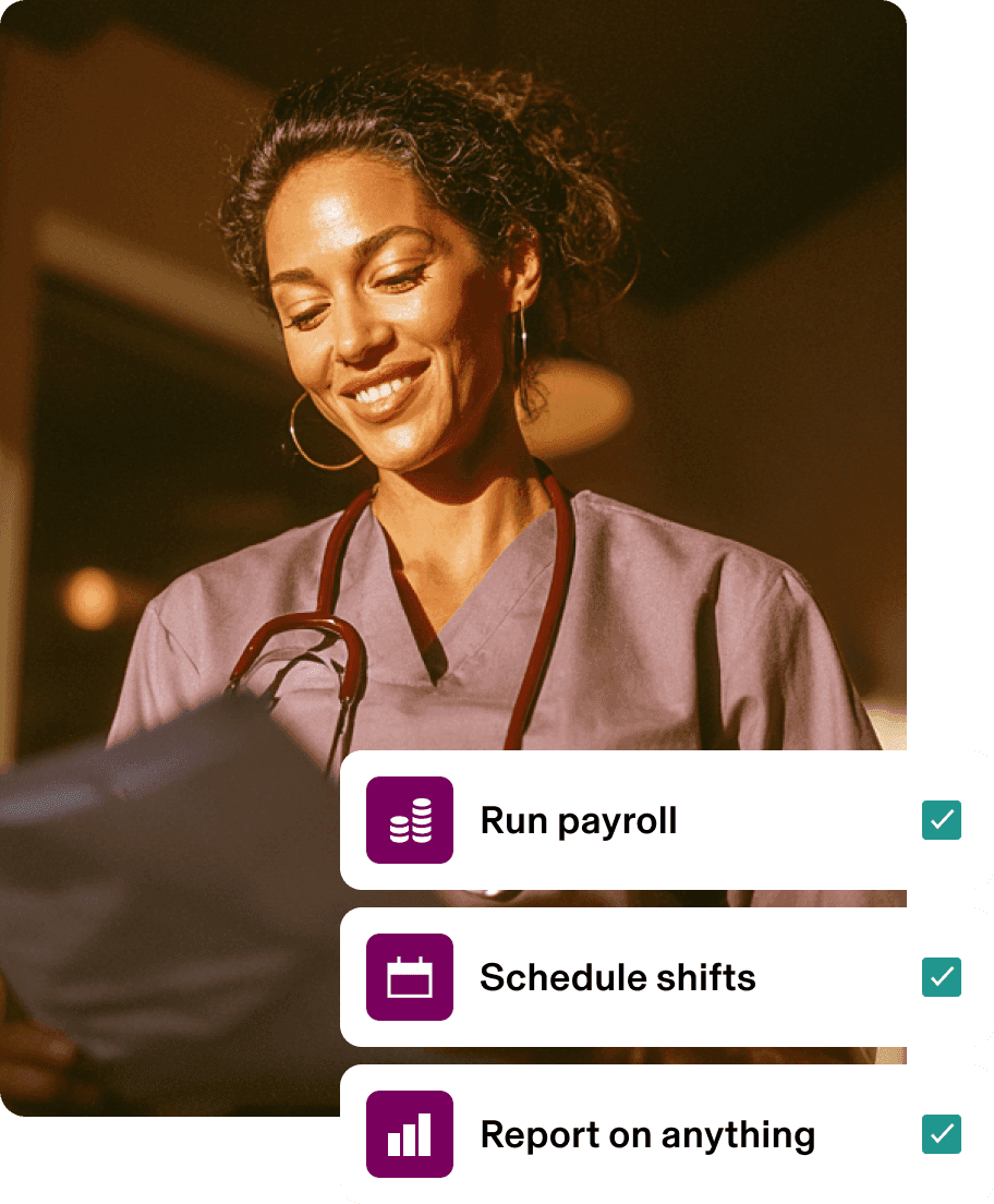 Healthcare professional in scrubs with stethoscope, smiling, with payroll and scheduling interface options below.