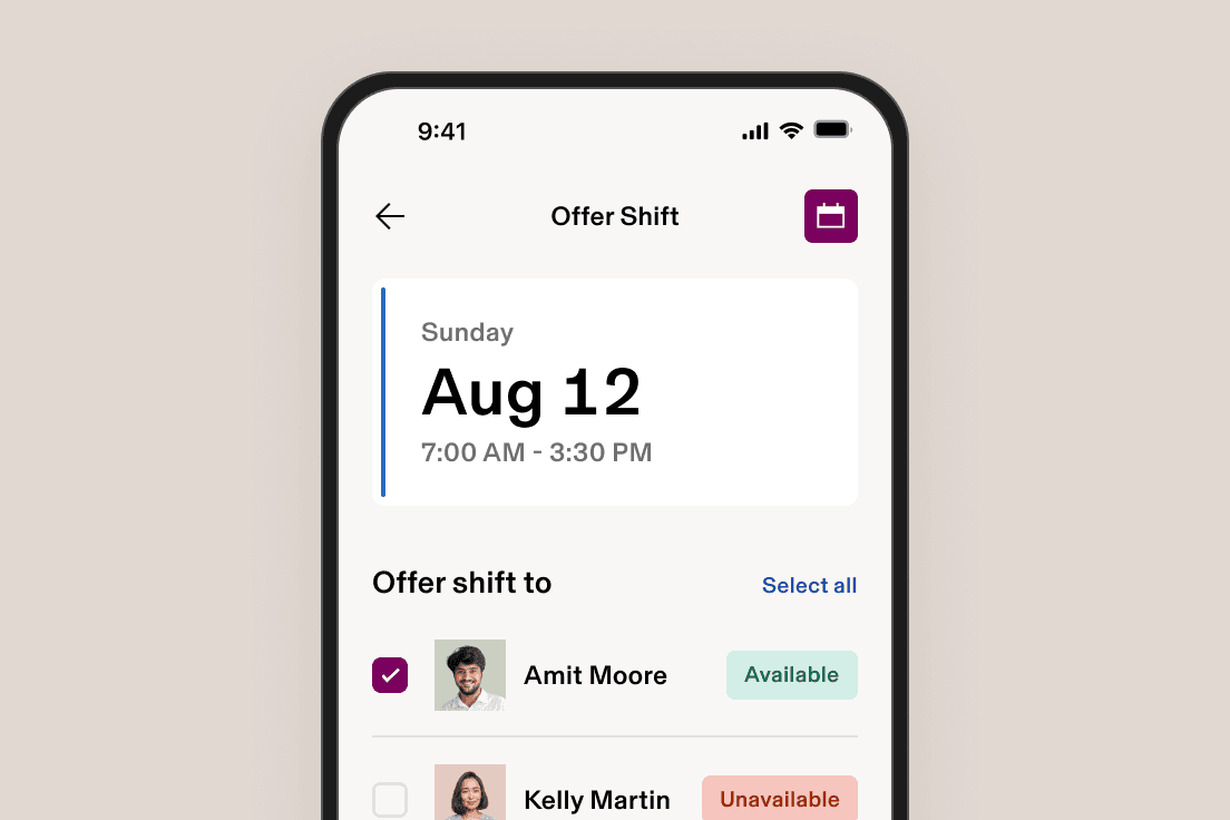 Mobile app screen showing "Offer Shift" interface for Sunday, Aug 12 from 7:00 AM - 3:30 PM with employee availability status.