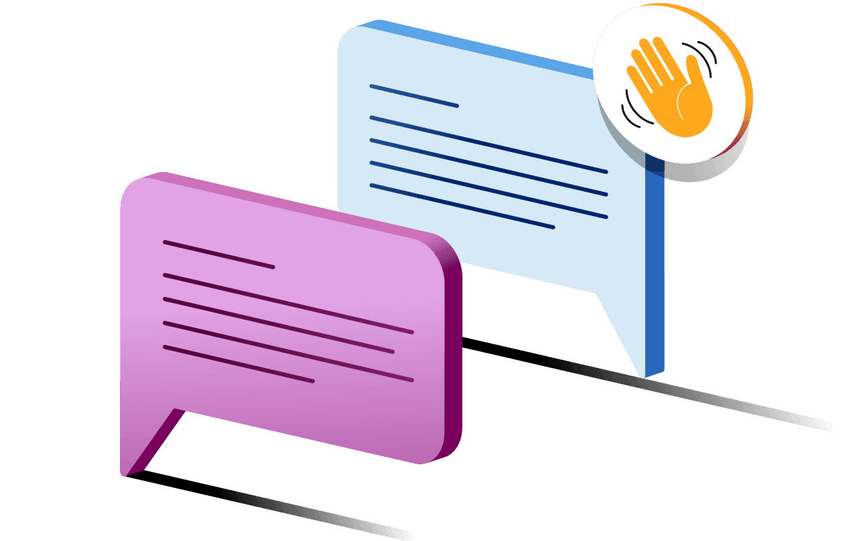Pink and blue chat bubbles with text lines, featuring an orange waving hand icon indicating communication or greeting.