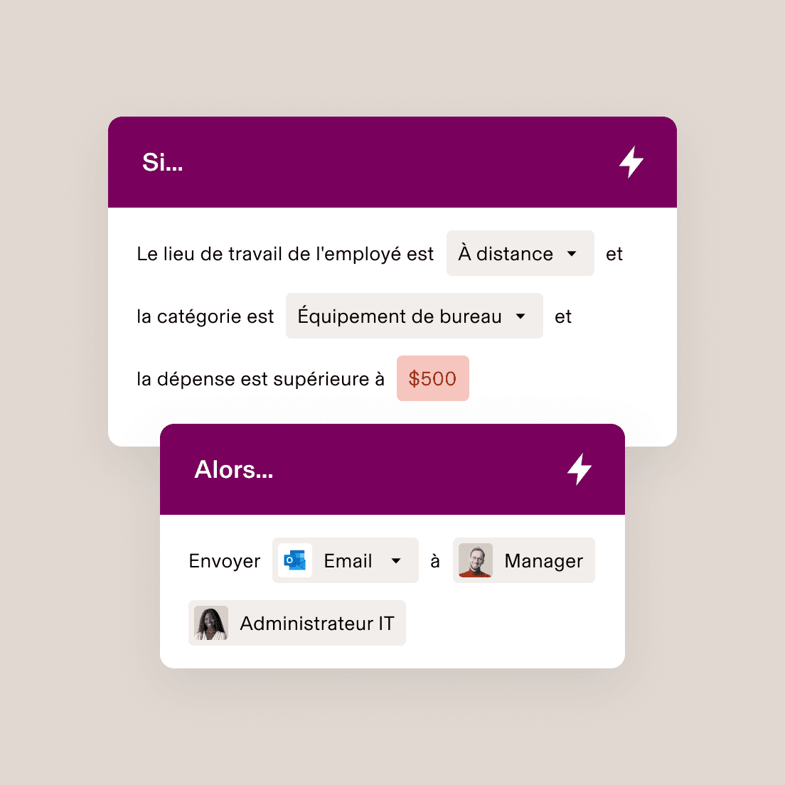 Interface d’automatisation des flux de travail affichant la règle « si-alors » suivante : si un télétravailleur achète du matériel de bureau d’une valeur dépassant 500 $, alors un courriel est envoyé à son directeur et à l’administrateur des TI.