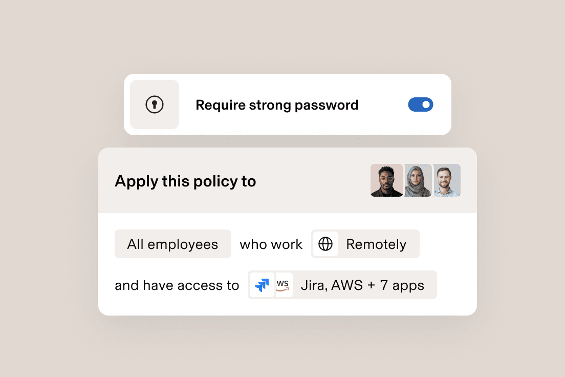 Benutzeroberfläche für Sicherheitseinstellungen, die die Anforderungen an ein starkes Passwort für Remote-Mitarbeiter mit Zugriff auf Jira, AWS und andere Anwendungen zeigt.