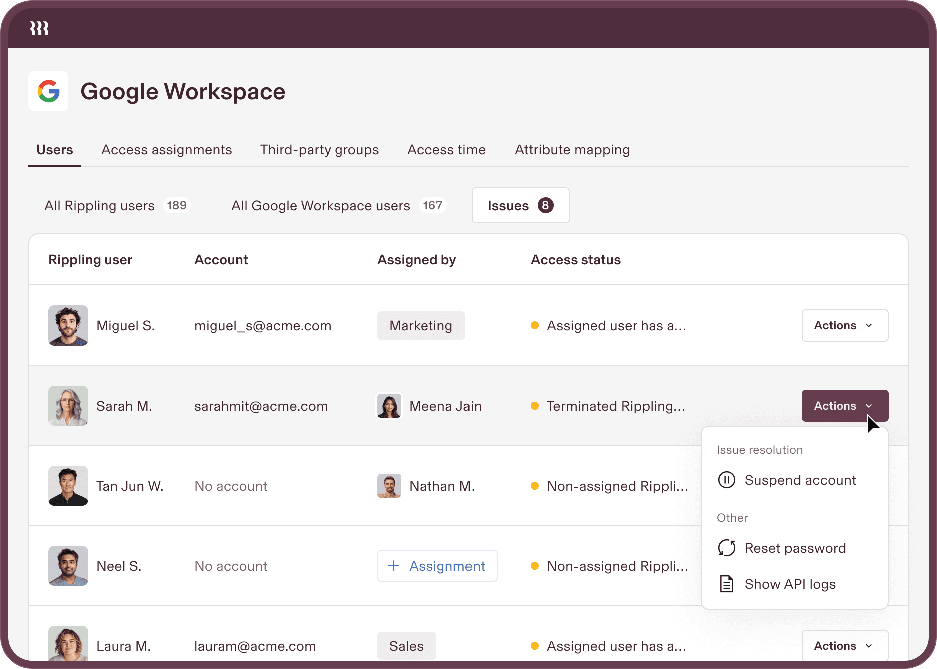 Preview of Rippling's Google Workspace hub.