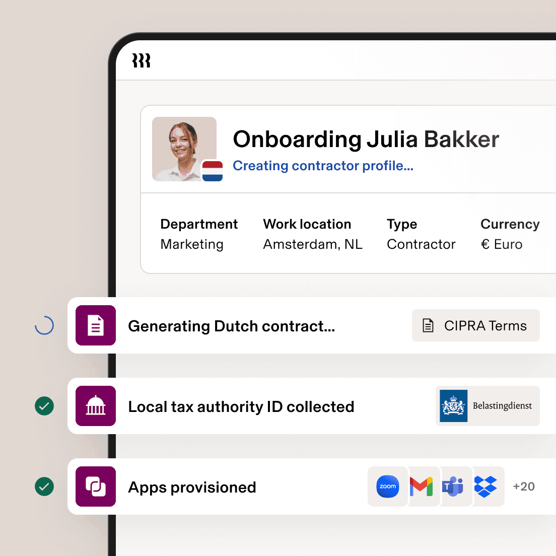 Tablet showing a screen in Rippling titled Onboarding Gabrielle Hill with text that says creating contractor profile and with steps including generating German Contractor Agreement, local tax authority ID collected, and apps provisioned