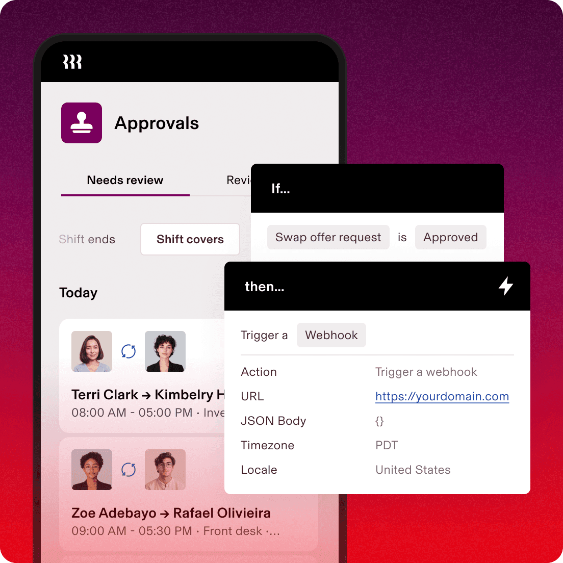 Rippling-App-Bildschirm mit dem Titel „Genehmigungen“ und einer Regel, die besagt: „Wenn … Tauschanfrage positiv beantwortet“, dann „Webhook auslösen“
