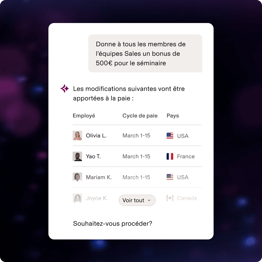 Interface de paie affichant l'approbation d'une prime de 500 $ pour l'équipe commerciale, avec une liste d'employés aux États-Unis, en France et au Canada pour la période du 1er au 15 mars