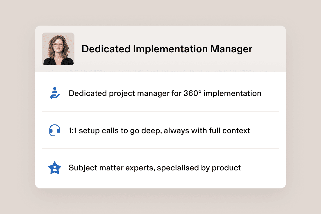 Photograph of a dedicated implementation manager with details on personalised onboarding, expert setup, and project management
