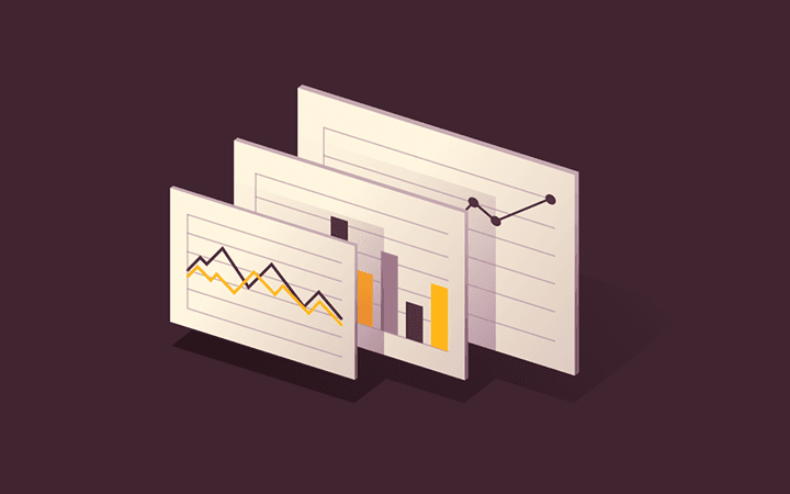 Graphic illustration of a stacked series of line chart, bar chart, and another line chart