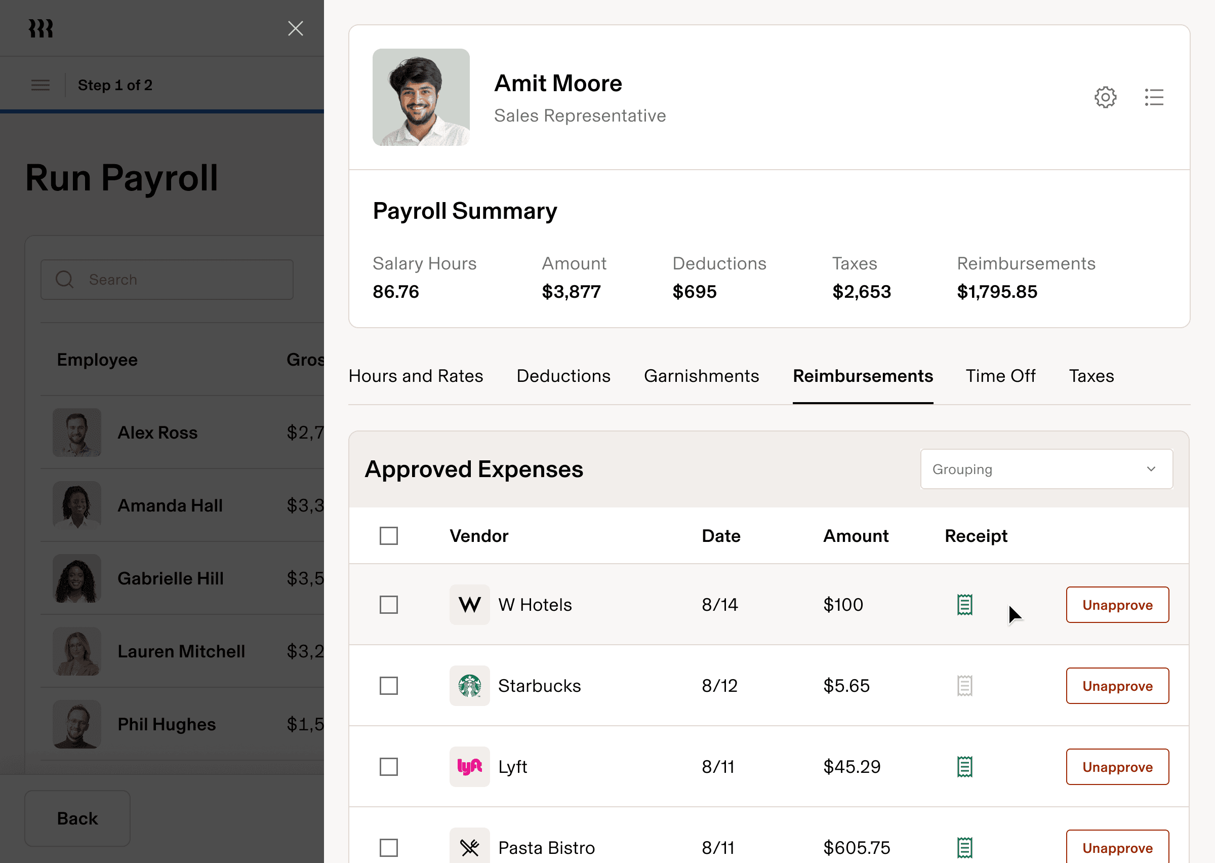 Preview of what the payroll summary looks like by person.