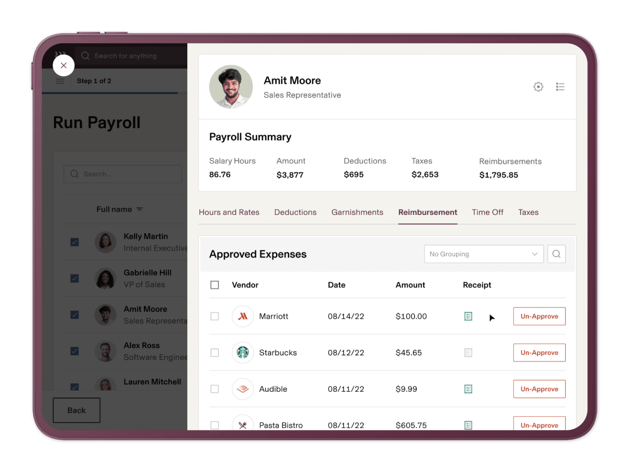 Preview of what the payroll summary looks like by person.