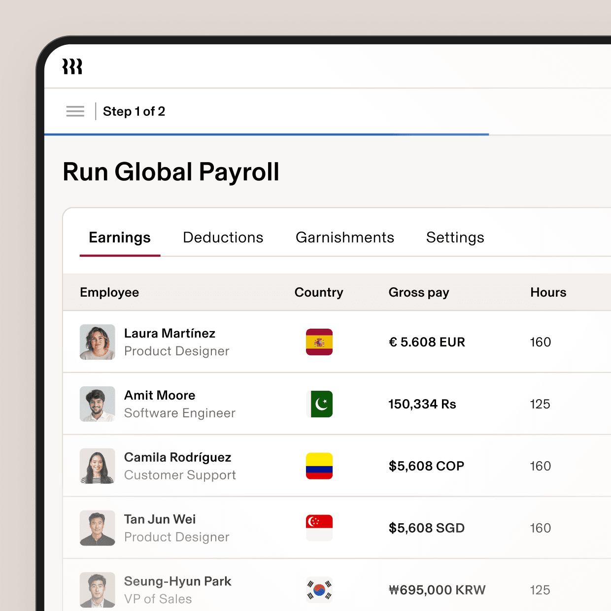 Screen in Rippling titled Run Global Payroll on a tablet showing a list of employees, their country, their gross pay, and their hours