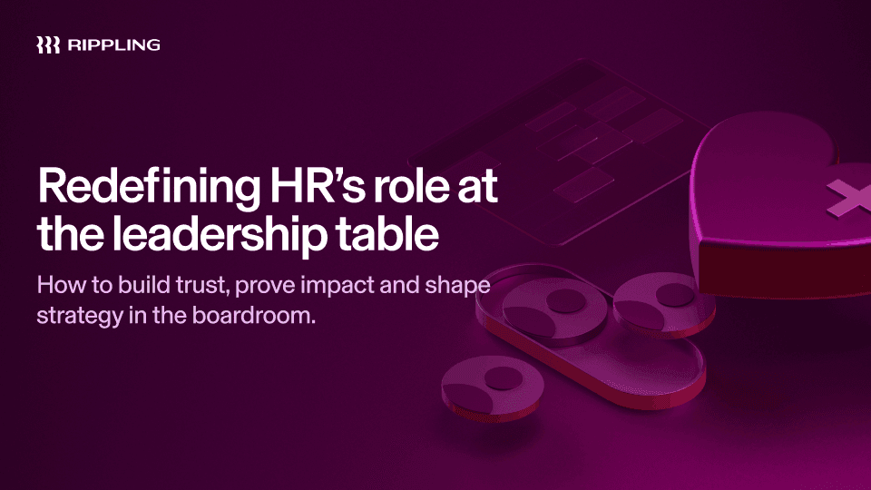 Rippling banner with title "Redefining HR's role at the leadership table" on purple background with abstract 3D shapes.
