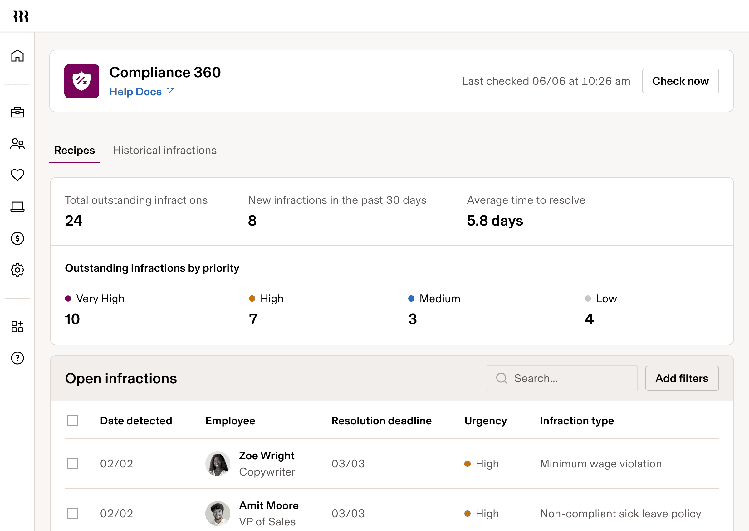 Screenshot of an open infractions report in Rippling Compliance 360 on a tablet