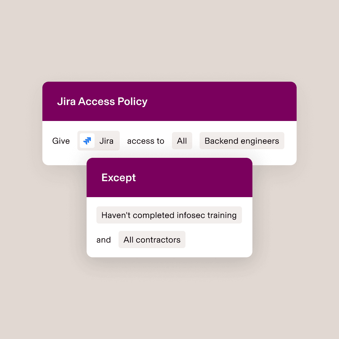 Benutzeroberfläche mit Jira-Zugriffsrichtlinie für Backend-Techniker, wobei Mitarbeiter ohne Schulung zur Informationssicherheit und Freelancer ausgeschlossen sind.